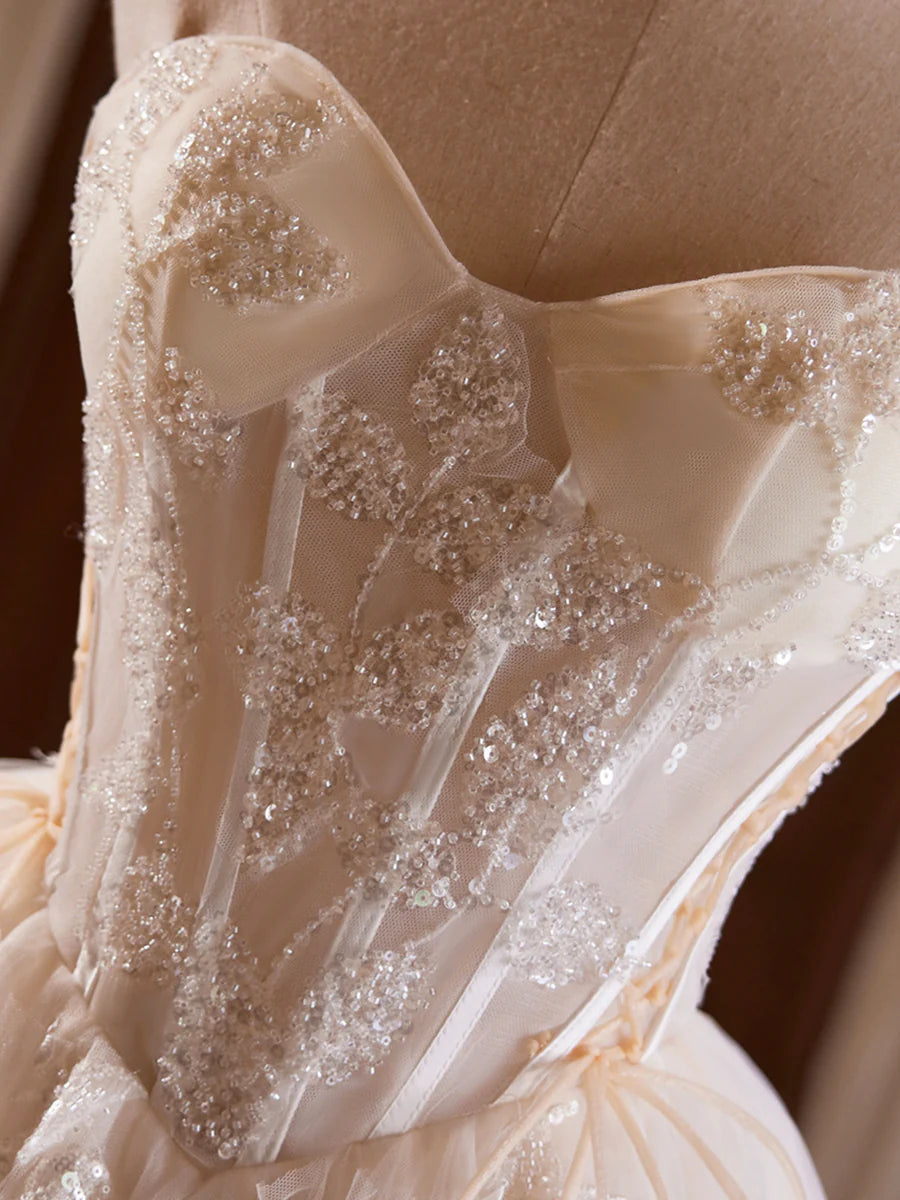 Champagnerfarbenes trägerloses Tüll-Pailletten-Kurzballkleid, hübsches Sweetheart-Homecoming-Partykleid nv1419
