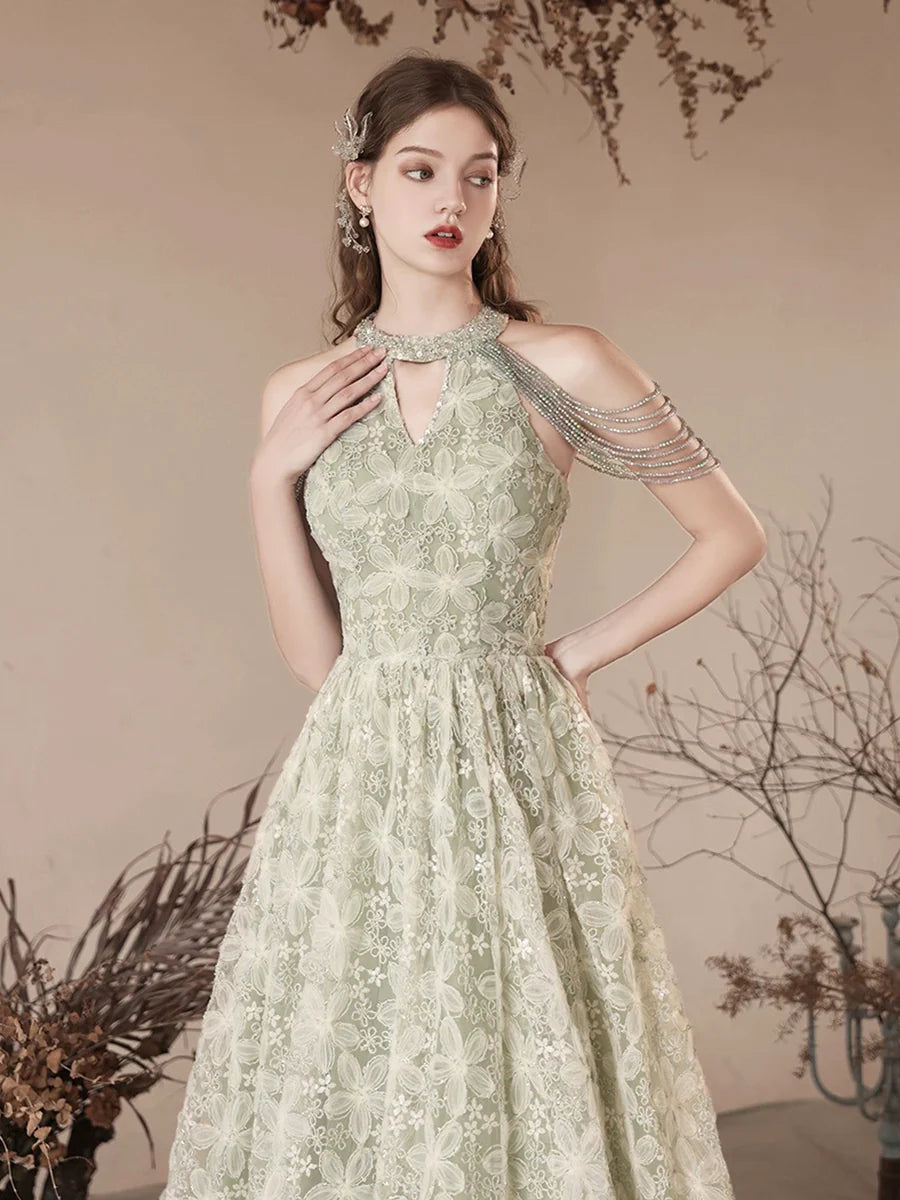 Jolie robe de bal verte en tulle à fleurs, longueur au sol, belle robe de soirée trapèze dos nu nv1414