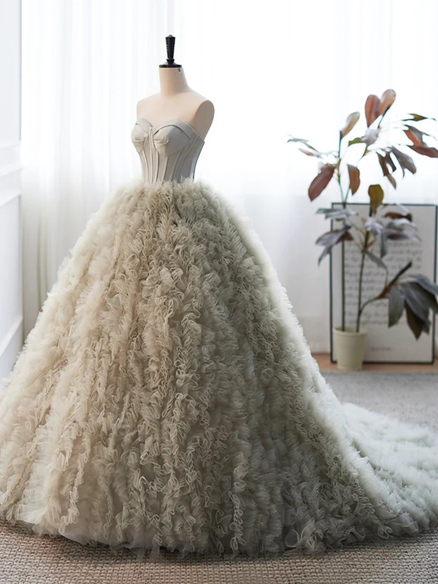 Graues trägerloses langes Ballkleid aus Tüll, wunderschönes A-Linien-Abendkleid mit herzförmigem Ausschnitt, nv1549