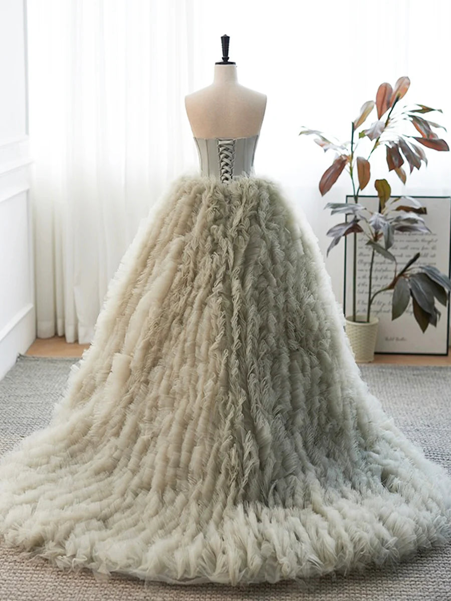 Graues trägerloses langes Ballkleid aus Tüll, wunderschönes A-Linien-Abendkleid mit herzförmigem Ausschnitt, nv1549