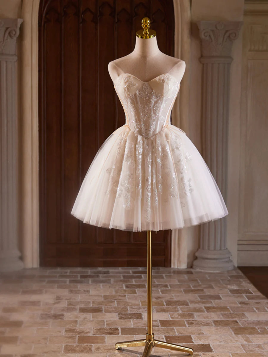 Champagnerfarbenes trägerloses Tüll-Pailletten-Kurzballkleid, hübsches Sweetheart-Homecoming-Partykleid nv1419