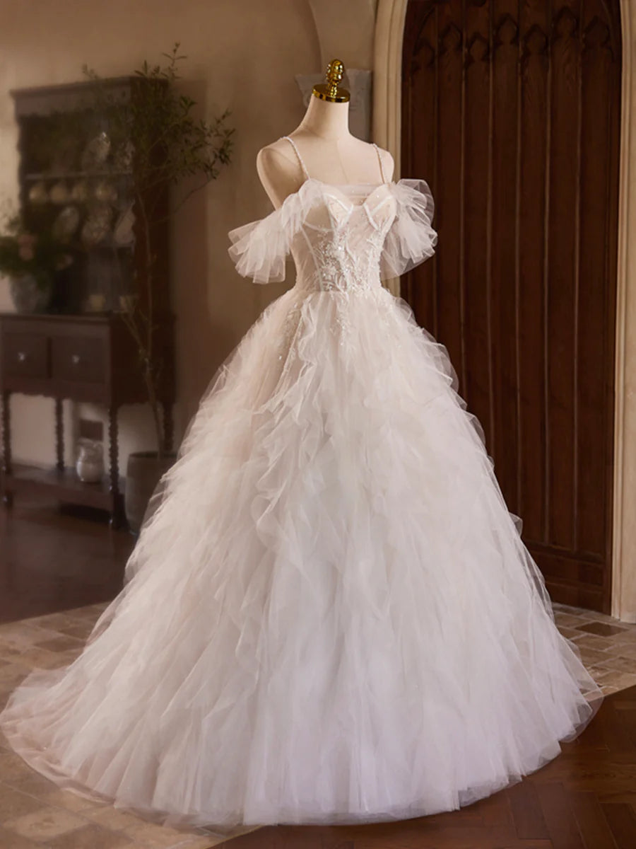 A-Linie Tüll Lagen Langes Ballkleid, Elfenbein Spaghettiträger Sweet 16 Kleid Abendkleid nv1418