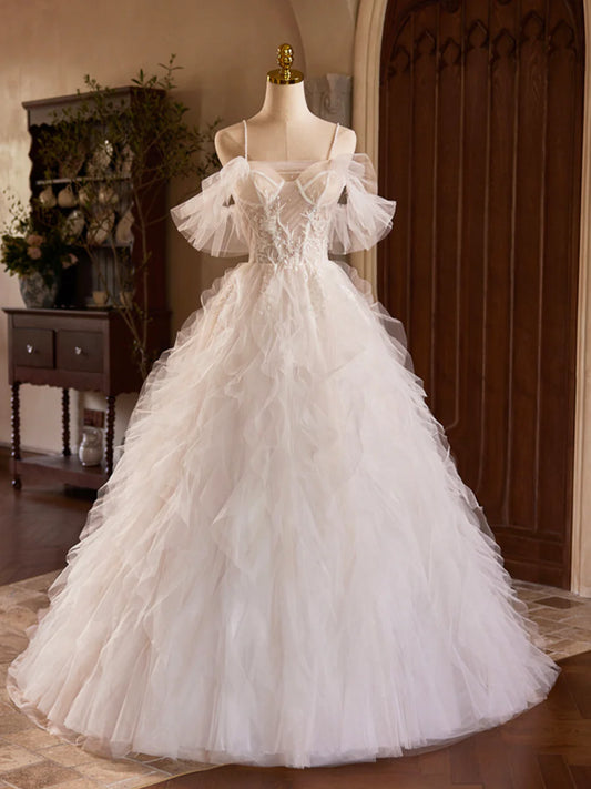 A-Linie Tüll Lagen Langes Ballkleid, Elfenbein Spaghettiträger Sweet 16 Kleid Abendkleid nv1418