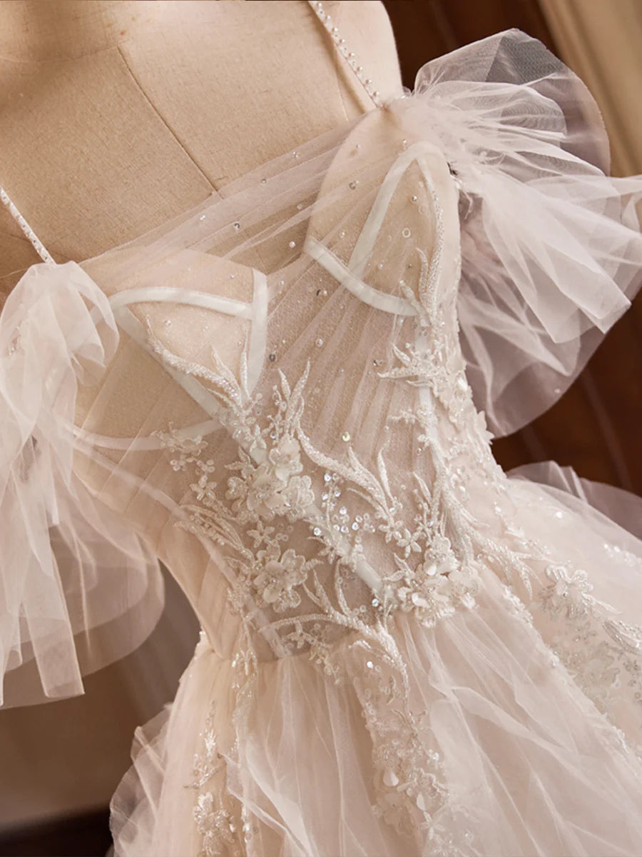A-Linie Tüll Lagen Langes Ballkleid, Elfenbein Spaghettiträger Sweet 16 Kleid Abendkleid nv1418
