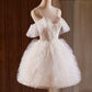 Kurzes Ballkleid in A-Linie und Tülllagen, Partykleid mit Spaghettiträgern in Hellchampagner nv1417