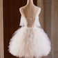 Kurzes Ballkleid in A-Linie und Tülllagen, Partykleid mit Spaghettiträgern in Hellchampagner nv1417