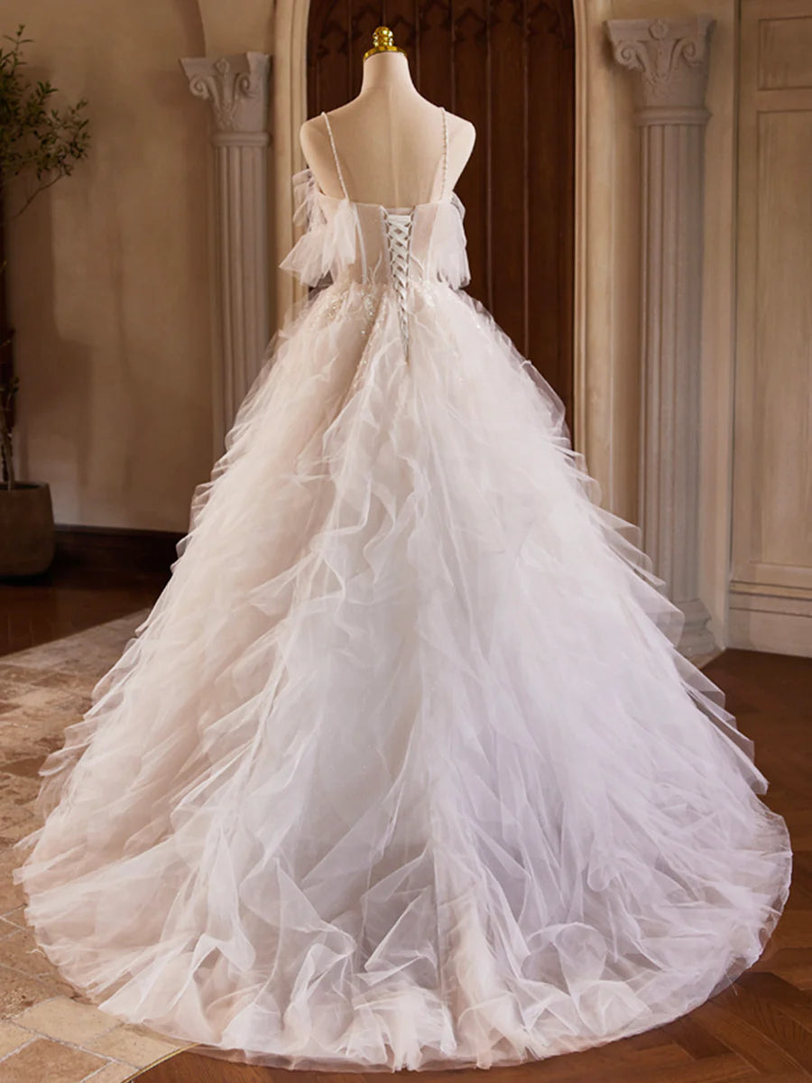 A-Linie Tüll Lagen Langes Ballkleid, Elfenbein Spaghettiträger Sweet 16 Kleid Abendkleid nv1418