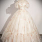 Champagnerfarbenes langes Ballkleid aus Tüll mit Blumenmuster, schönes kurzärmliges Abend- und Partykleid in A-Linie nv1614