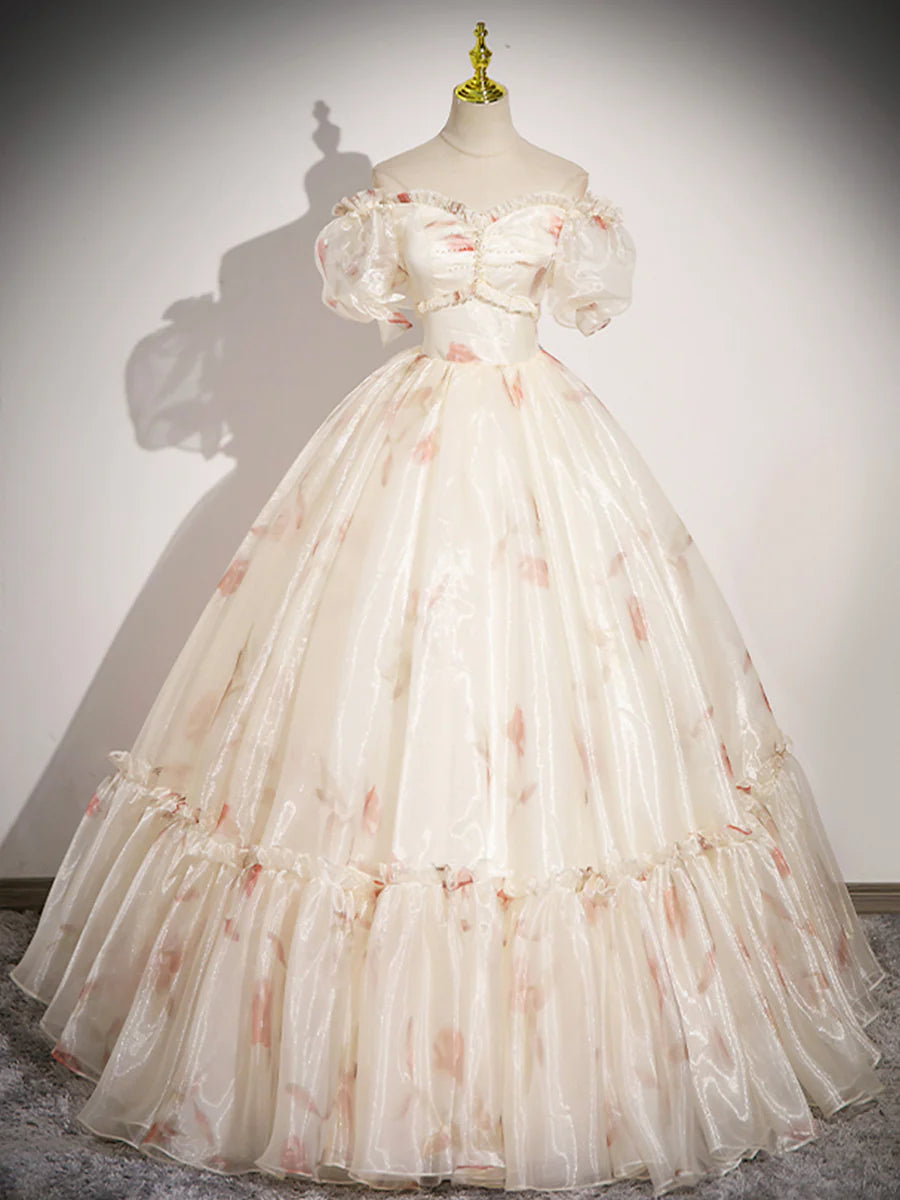 Champagnerfarbenes langes Ballkleid aus Tüll mit Blumenmuster, schönes kurzärmliges Abend- und Partykleid in A-Linie nv1614