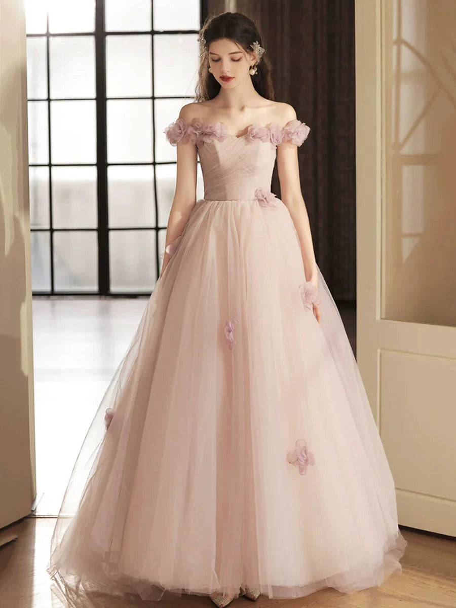 Belle robe de bal longue en tulle avec fleurs, robe de soirée trapèze à épaules dénudées nv1693