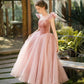 Retro Rosa Samt Tüll Wadenlange Ballkleider, A-Linie U-Ausschnitt Kurzarm Prinzessin Partykleider nv1634