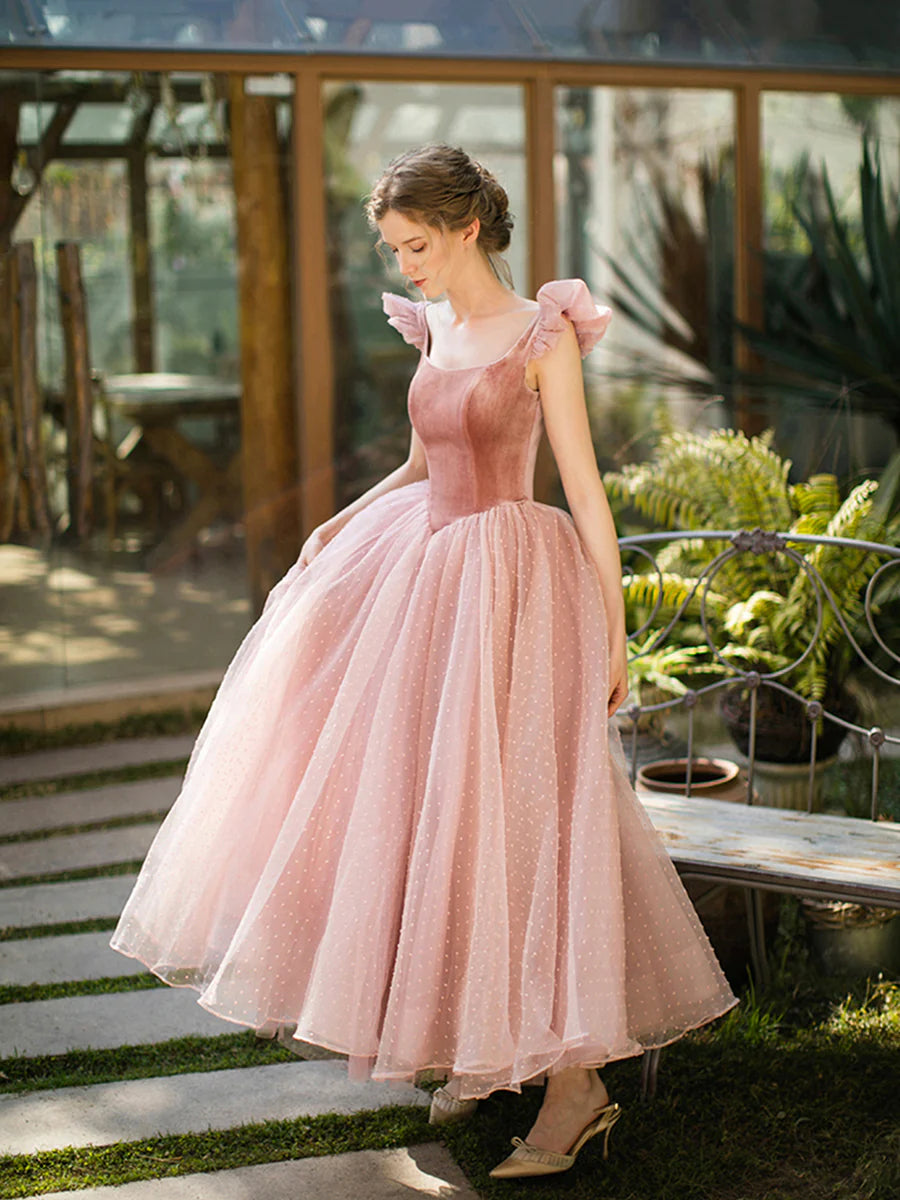 Retro Rosa Samt Tüll Wadenlange Ballkleider, A-Linie U-Ausschnitt Kurzarm Prinzessin Partykleider nv1634