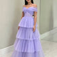Lila Tüll Bodenlanges A-Linien Ballkleid, Schulterfreies Abendkleid nv1535