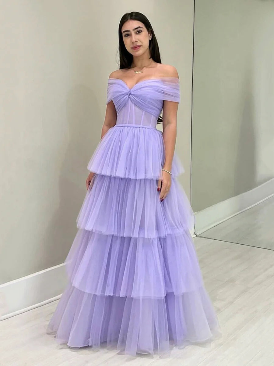 Lila Tüll Bodenlanges A-Linien Ballkleid, Schulterfreies Abendkleid nv1535