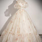 Champagnerfarbenes langes Ballkleid aus Tüll mit Blumenmuster, schönes kurzärmliges Abend- und Partykleid in A-Linie nv1614