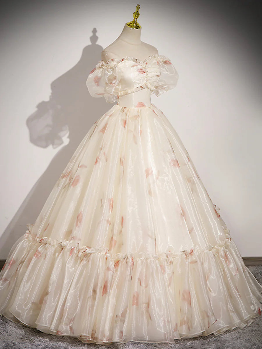 Champagnerfarbenes langes Ballkleid aus Tüll mit Blumenmuster, schönes kurzärmliges Abend- und Partykleid in A-Linie nv1614