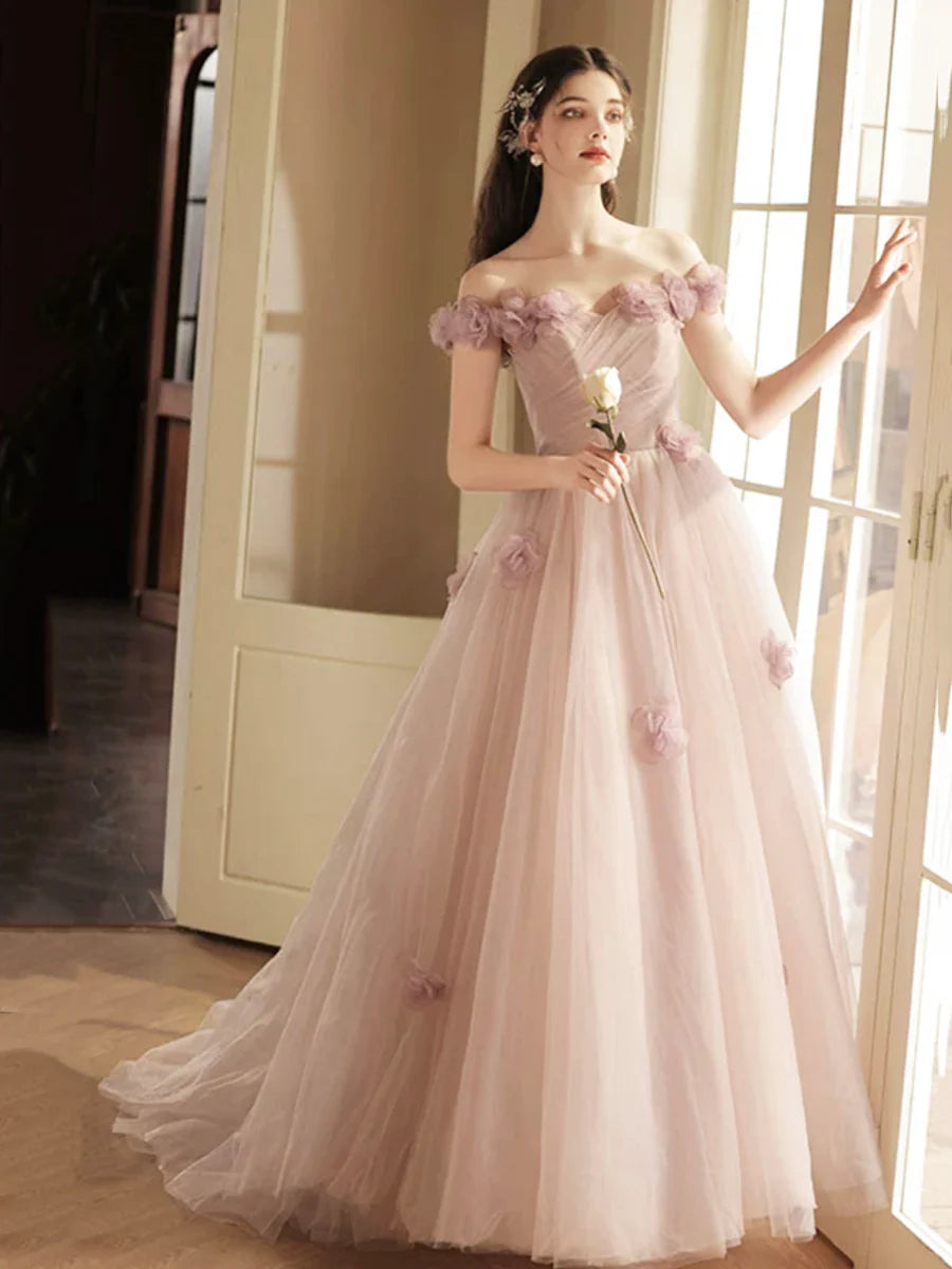 Belle robe de bal longue en tulle avec fleurs, robe de soirée trapèze à épaules dénudées nv1693
