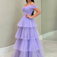 Lila Tüll Bodenlanges A-Linien Ballkleid, Schulterfreies Abendkleid nv1535