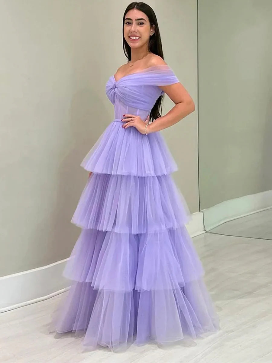 Lila Tüll Bodenlanges A-Linien Ballkleid, Schulterfreies Abendkleid nv1535