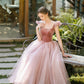 Retro Rosa Samt Tüll Wadenlange Ballkleider, A-Linie U-Ausschnitt Kurzarm Prinzessin Partykleider nv1634