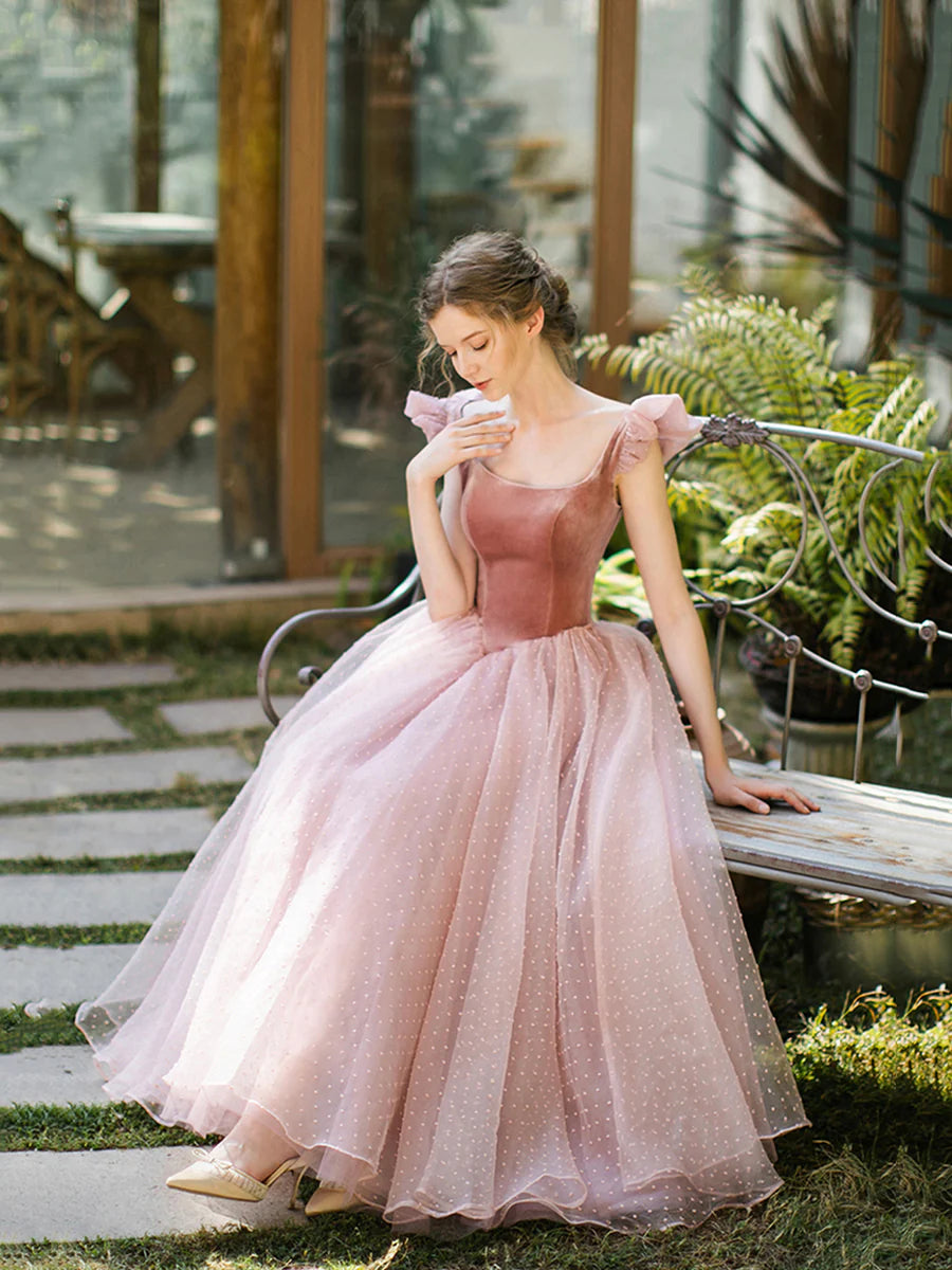 Retro Rosa Samt Tüll Wadenlange Ballkleider, A-Linie U-Ausschnitt Kurzarm Prinzessin Partykleider nv1634