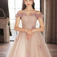 Belle robe de bal longue en tulle avec fleurs, robe de soirée trapèze à épaules dénudées nv1693