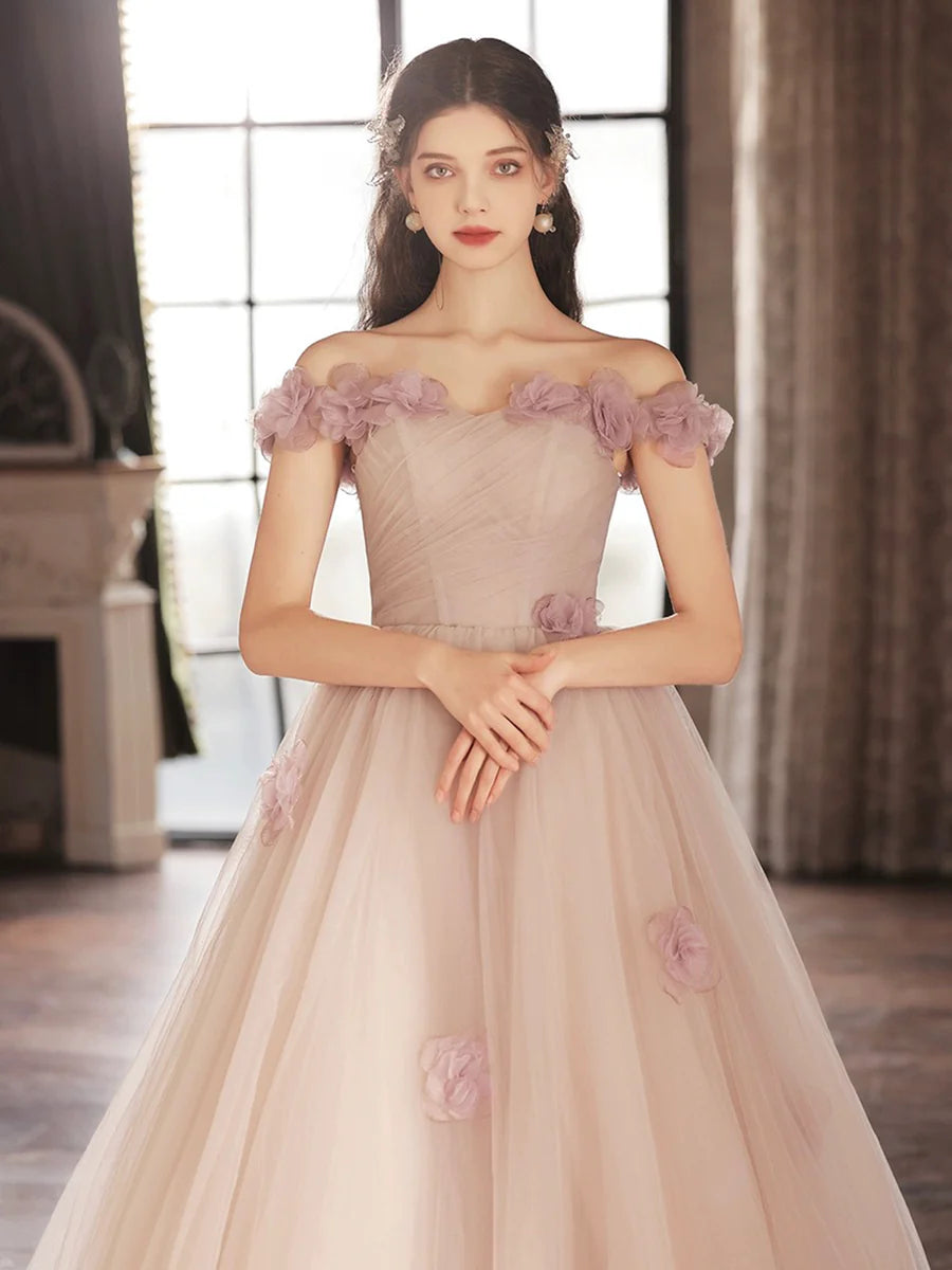 Belle robe de bal longue en tulle avec fleurs, robe de soirée trapèze à épaules dénudées nv1693