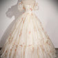 Champagnerfarbenes langes Ballkleid aus Tüll mit Blumenmuster, schönes kurzärmliges Abend- und Partykleid in A-Linie nv1614