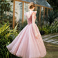 Retro Rosa Samt Tüll Wadenlange Ballkleider, A-Linie U-Ausschnitt Kurzarm Prinzessin Partykleider nv1634