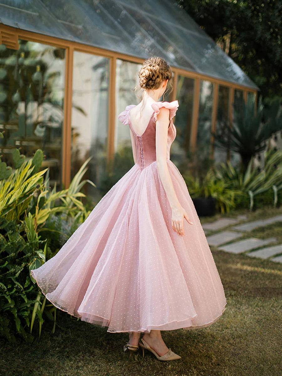 Retro Rosa Samt Tüll Wadenlange Ballkleider, A-Linie U-Ausschnitt Kurzarm Prinzessin Partykleider nv1634