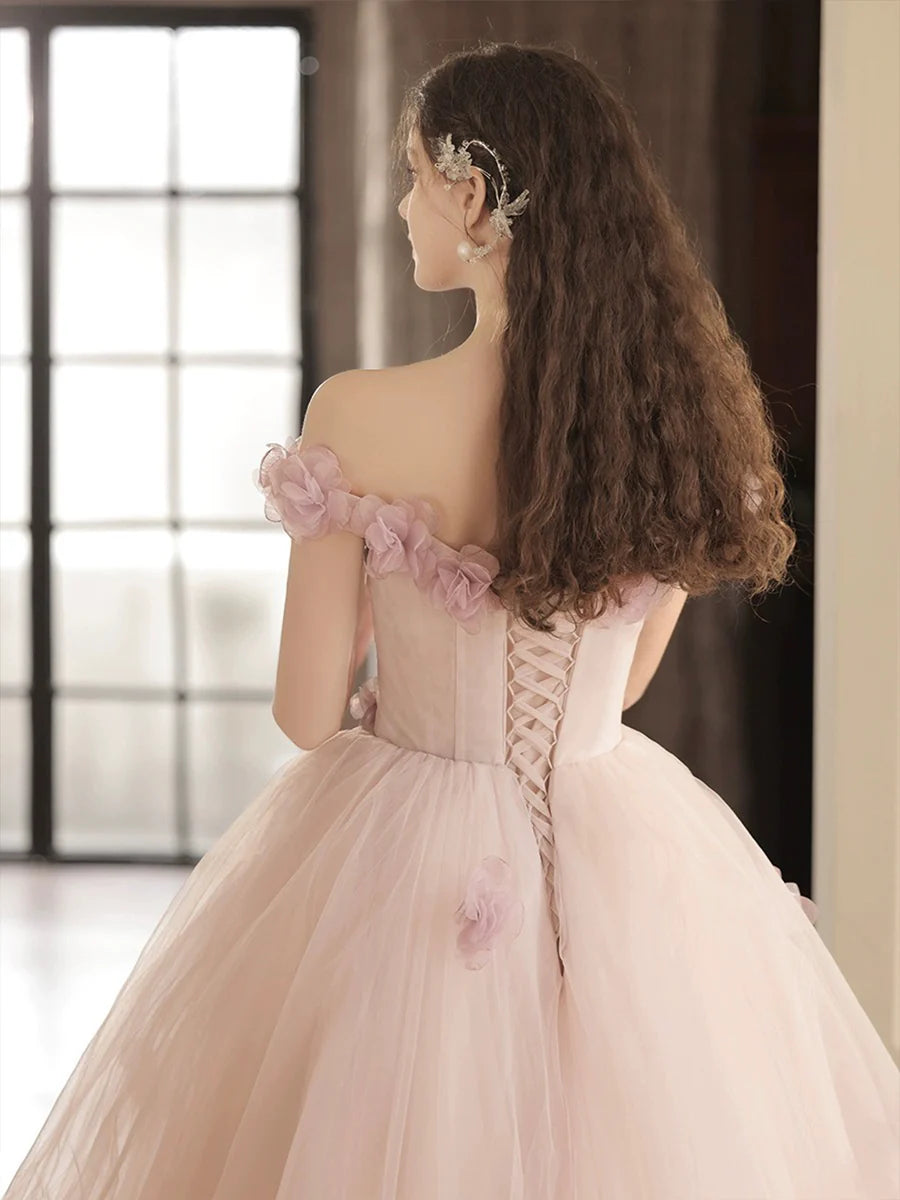Belle robe de bal longue en tulle avec fleurs, robe de soirée trapèze à épaules dénudées nv1693