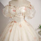 Champagnerfarbenes langes Ballkleid aus Tüll mit Blumenmuster, schönes kurzärmliges Abend- und Partykleid in A-Linie nv1614