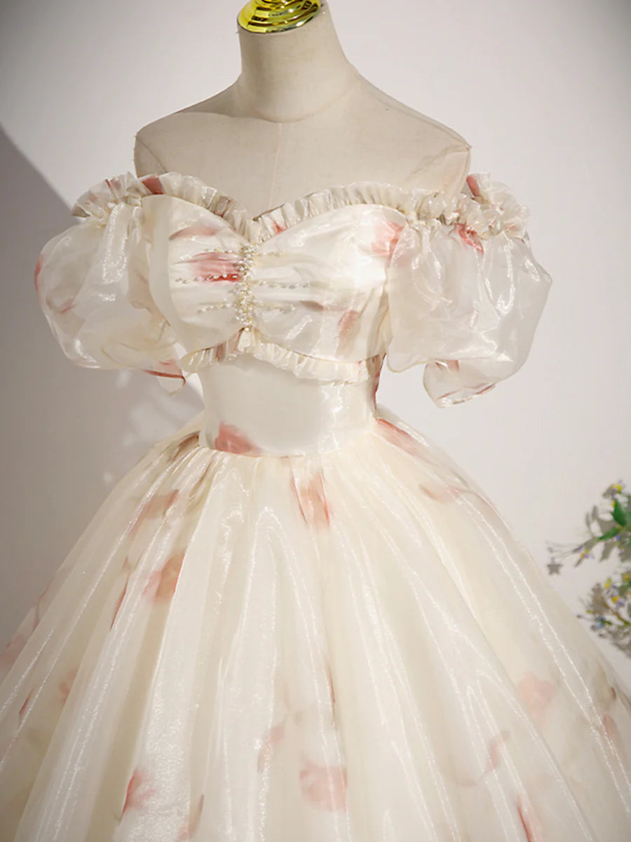 Champagnerfarbenes langes Ballkleid aus Tüll mit Blumenmuster, schönes kurzärmliges Abend- und Partykleid in A-Linie nv1614
