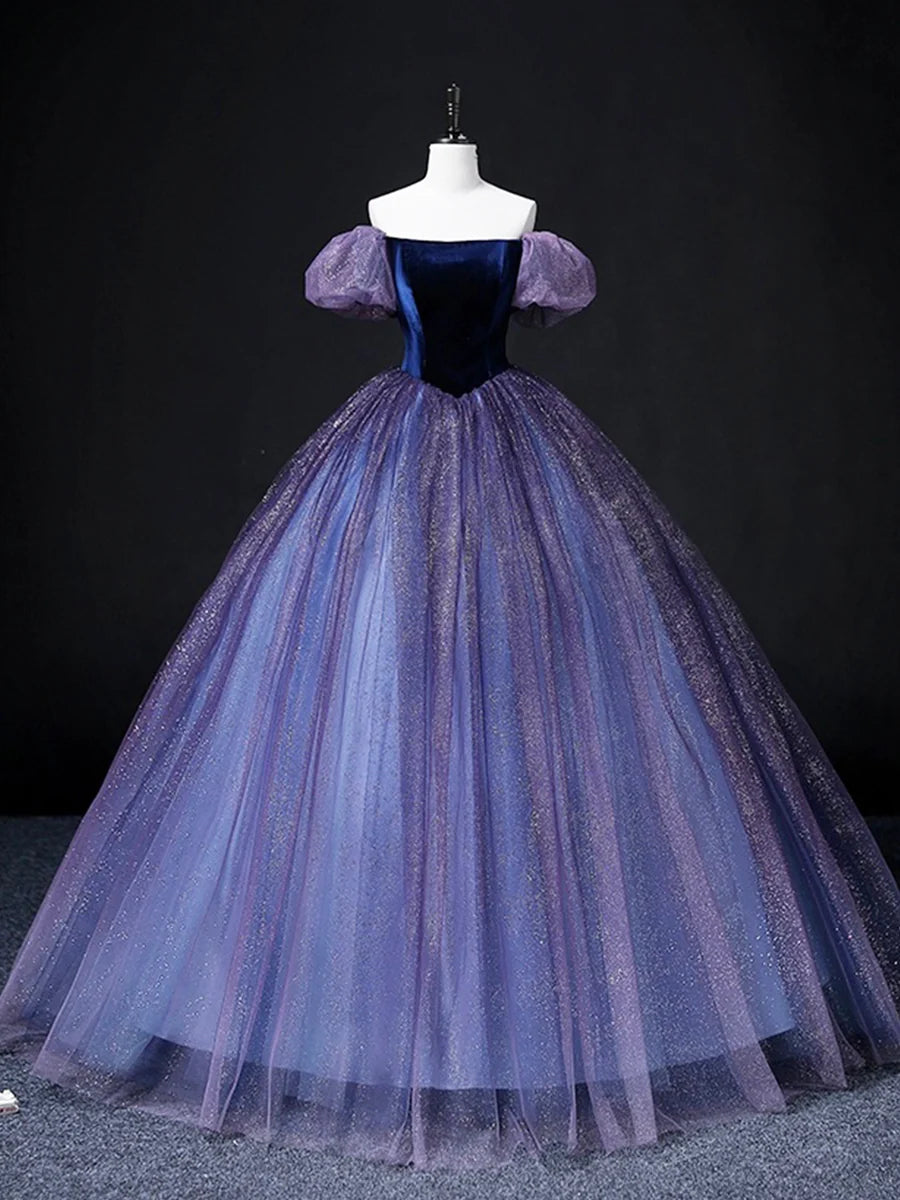 Wunderschönes langes Ballkleid aus Samttüll, lila A-Linien-Partykleid, süßes 16-Kleid, nv1421