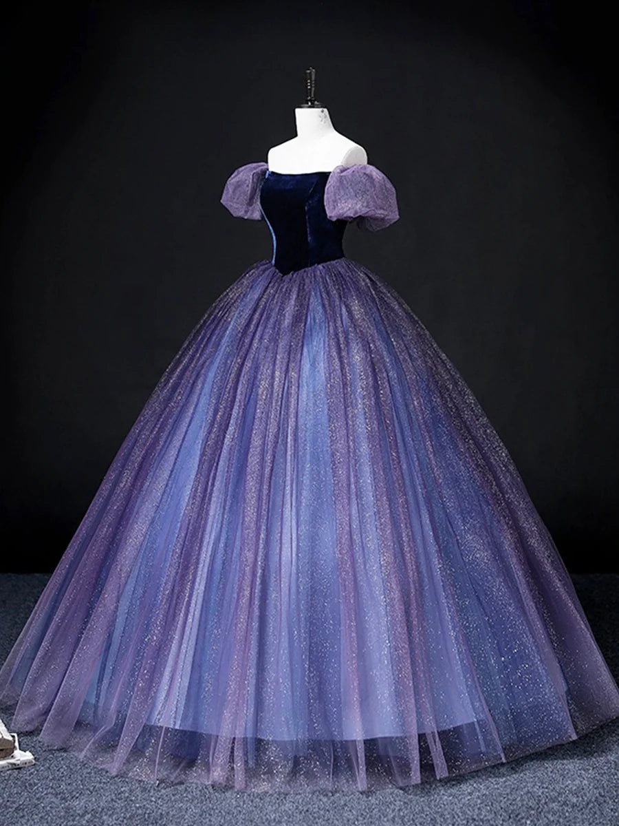 Wunderschönes langes Ballkleid aus Samttüll, lila A-Linien-Partykleid, süßes 16-Kleid, nv1421