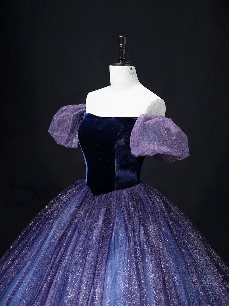 Wunderschönes langes Ballkleid aus Samttüll, lila A-Linien-Partykleid, süßes 16-Kleid, nv1421