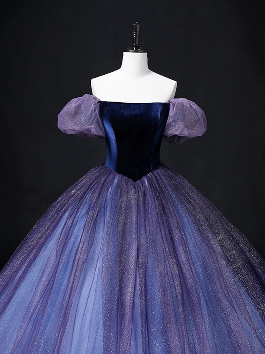 Wunderschönes langes Ballkleid aus Samttüll, lila A-Linien-Partykleid, süßes 16-Kleid, nv1421