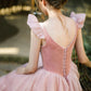 Retro Rosa Samt Tüll Wadenlange Ballkleider, A-Linie U-Ausschnitt Kurzarm Prinzessin Partykleider nv1634
