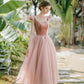 Retro Rosa Samt Tüll Wadenlange Ballkleider, A-Linie U-Ausschnitt Kurzarm Prinzessin Partykleider nv1634