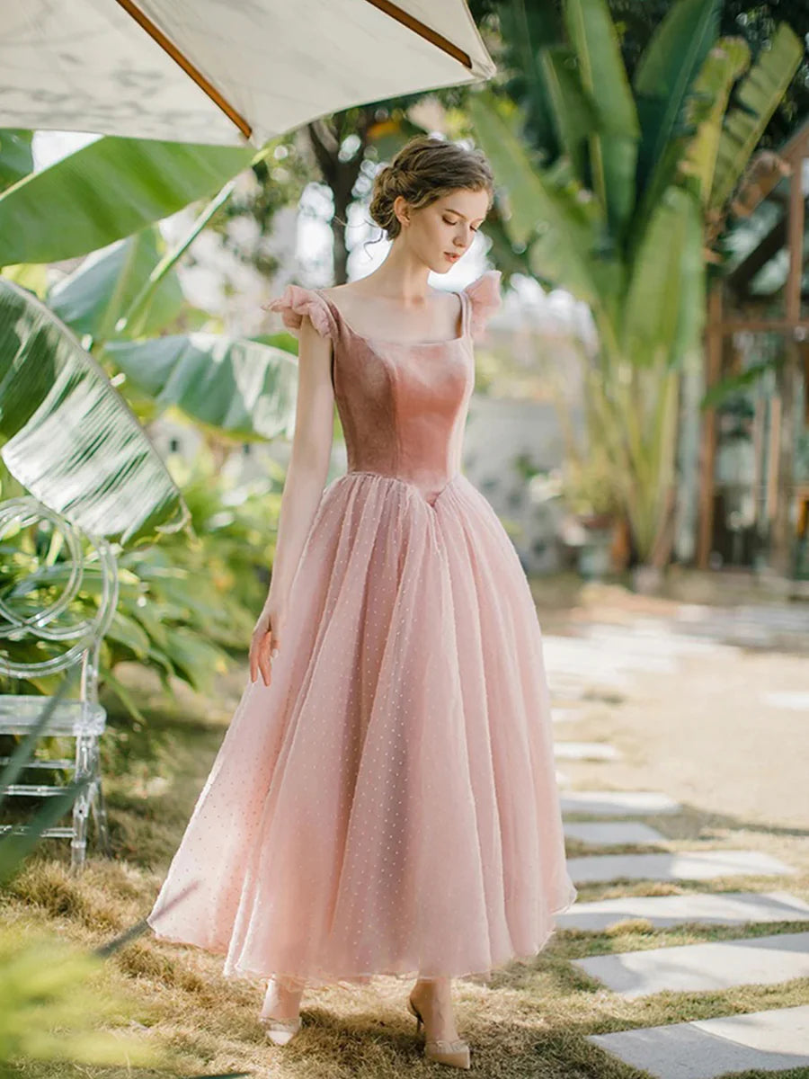 Retro Rosa Samt Tüll Wadenlange Ballkleider, A-Linie U-Ausschnitt Kurzarm Prinzessin Partykleider nv1634