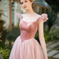 Retro Rosa Samt Tüll Wadenlange Ballkleider, A-Linie U-Ausschnitt Kurzarm Prinzessin Partykleider nv1634