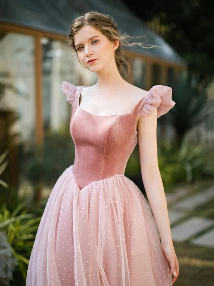 Retro Rosa Samt Tüll Wadenlange Ballkleider, A-Linie U-Ausschnitt Kurzarm Prinzessin Partykleider nv1634