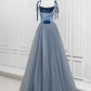 Robe de soirée longue en tulle et velours coupe A, robe de soirée à bretelles fines gris bleu nv1572