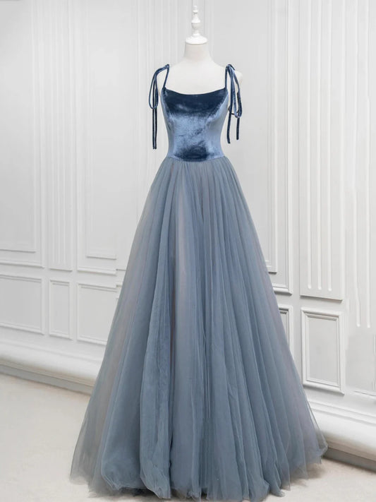 A-Linien-Ballkleid aus Samttüll, langes Ballkleid, grau-blaues Abendkleid mit Spaghettiträgern, nv1572