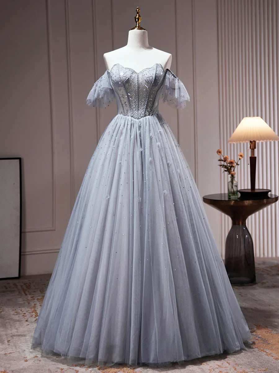 Graues schulterfreies Partykleid aus Tüll mit Perlen, A-Linien-Tüll-Abendkleid, Ballkleid nv1538