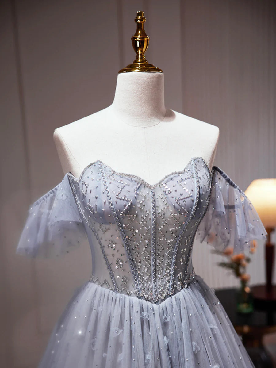 Graues schulterfreies Partykleid aus Tüll mit Perlen, A-Linien-Tüll-Abendkleid, Ballkleid nv1538
