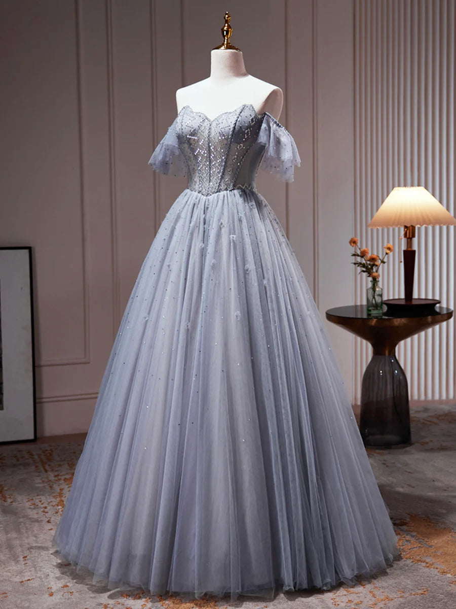 Graues schulterfreies Partykleid aus Tüll mit Perlen, A-Linien-Tüll-Abendkleid, Ballkleid nv1538