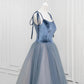 Robe de soirée longue en tulle et velours coupe A, robe de soirée à bretelles fines gris bleu nv1572