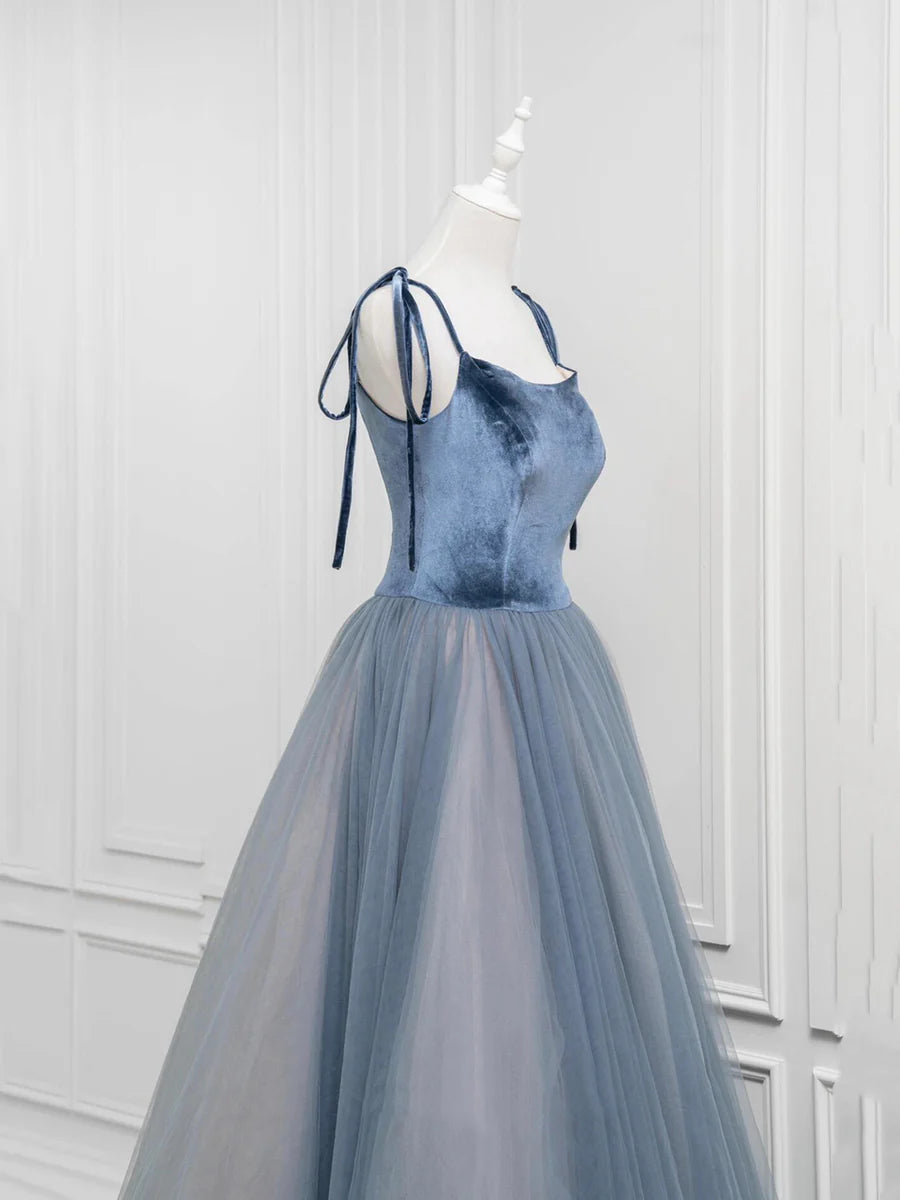 Robe de soirée longue en tulle et velours coupe A, robe de soirée à bretelles fines gris bleu nv1572