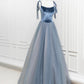 Robe de soirée longue en tulle et velours coupe A, robe de soirée à bretelles fines gris bleu nv1572